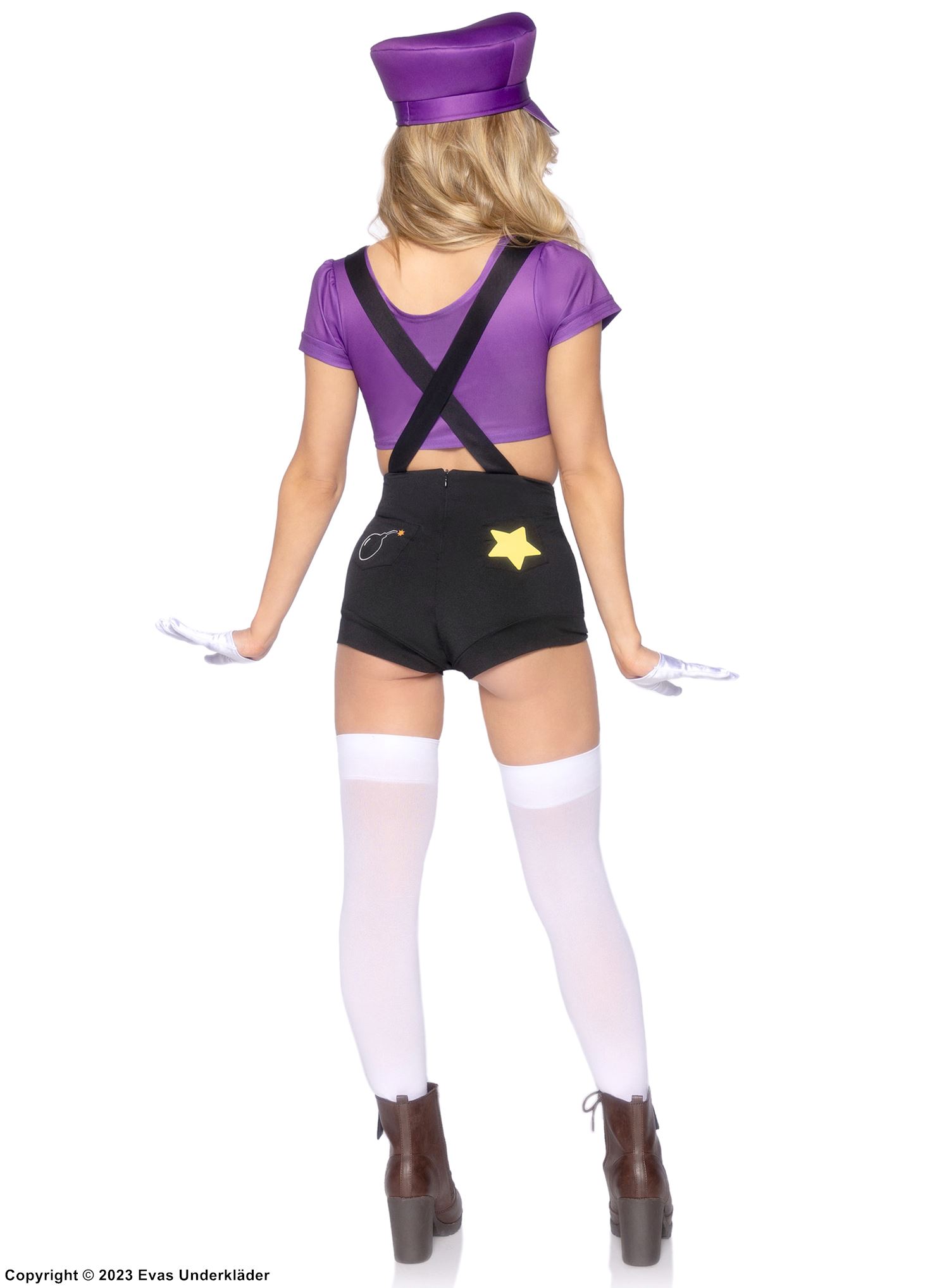 Female Warrio from Super Mario Bros, top and shorts costume, crossing straps, buttons, star, mustache